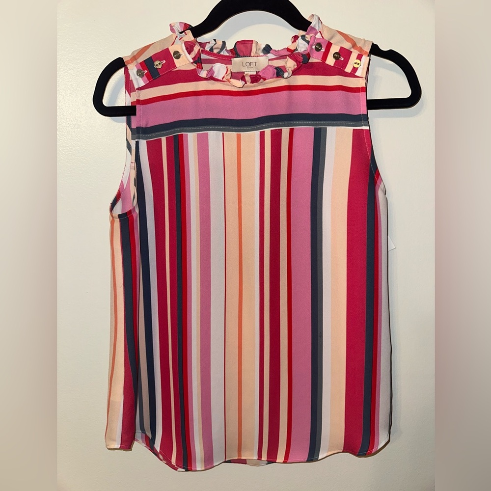 LOFT Multicolor Pink Navy Striped Sleeveless Blouse with High Neckline size S